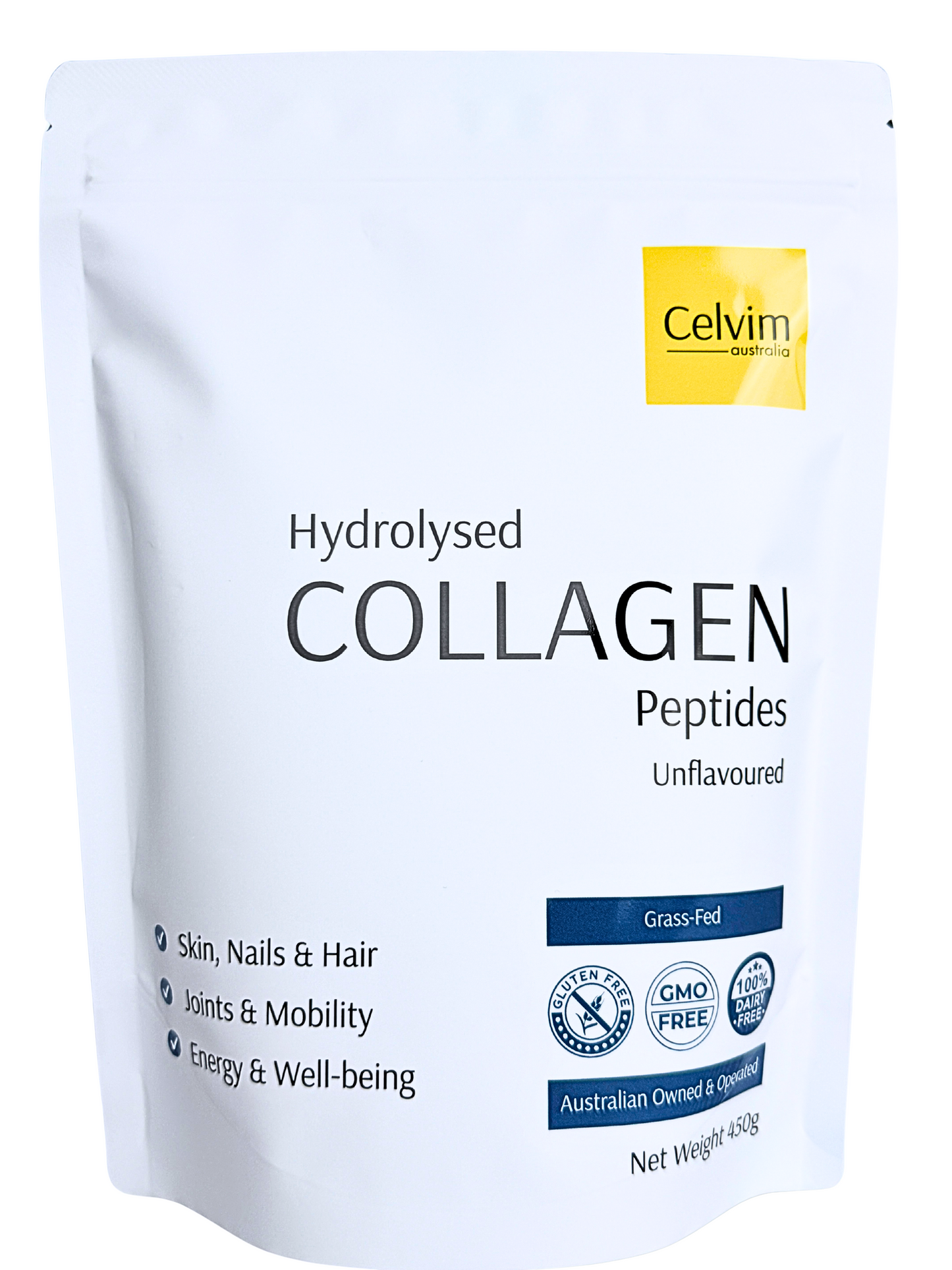 Celvim Australia Hydrolysed Collagen Peptides Unflavoured – 450g grass-fed supplement for skin, nails, hair, joints, mobility, energy, and well-being.